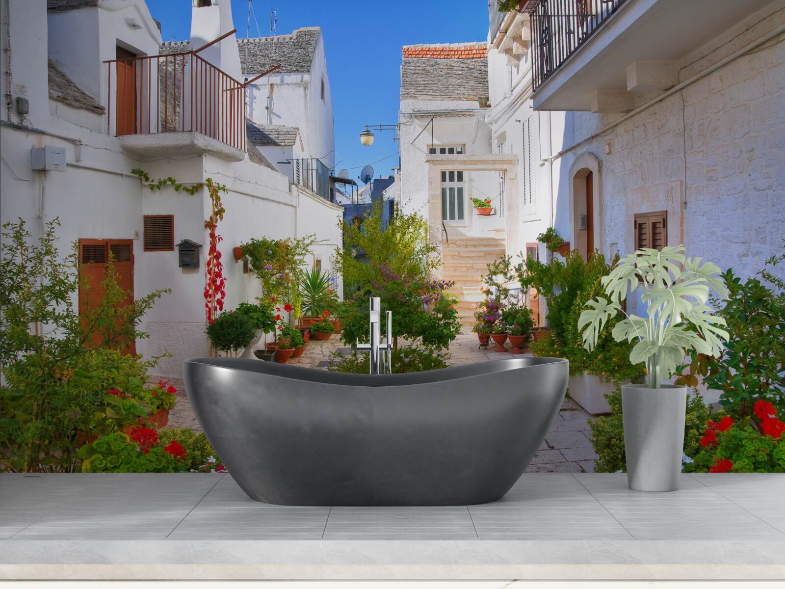 Fototapet strada santorini, cufundată în verdeață