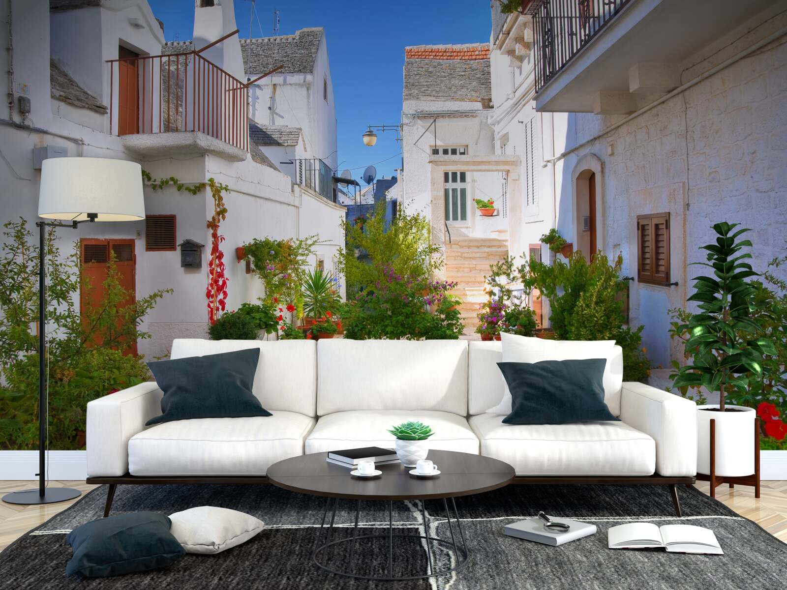 Fototapet strada santorini, cufundată în verdeață