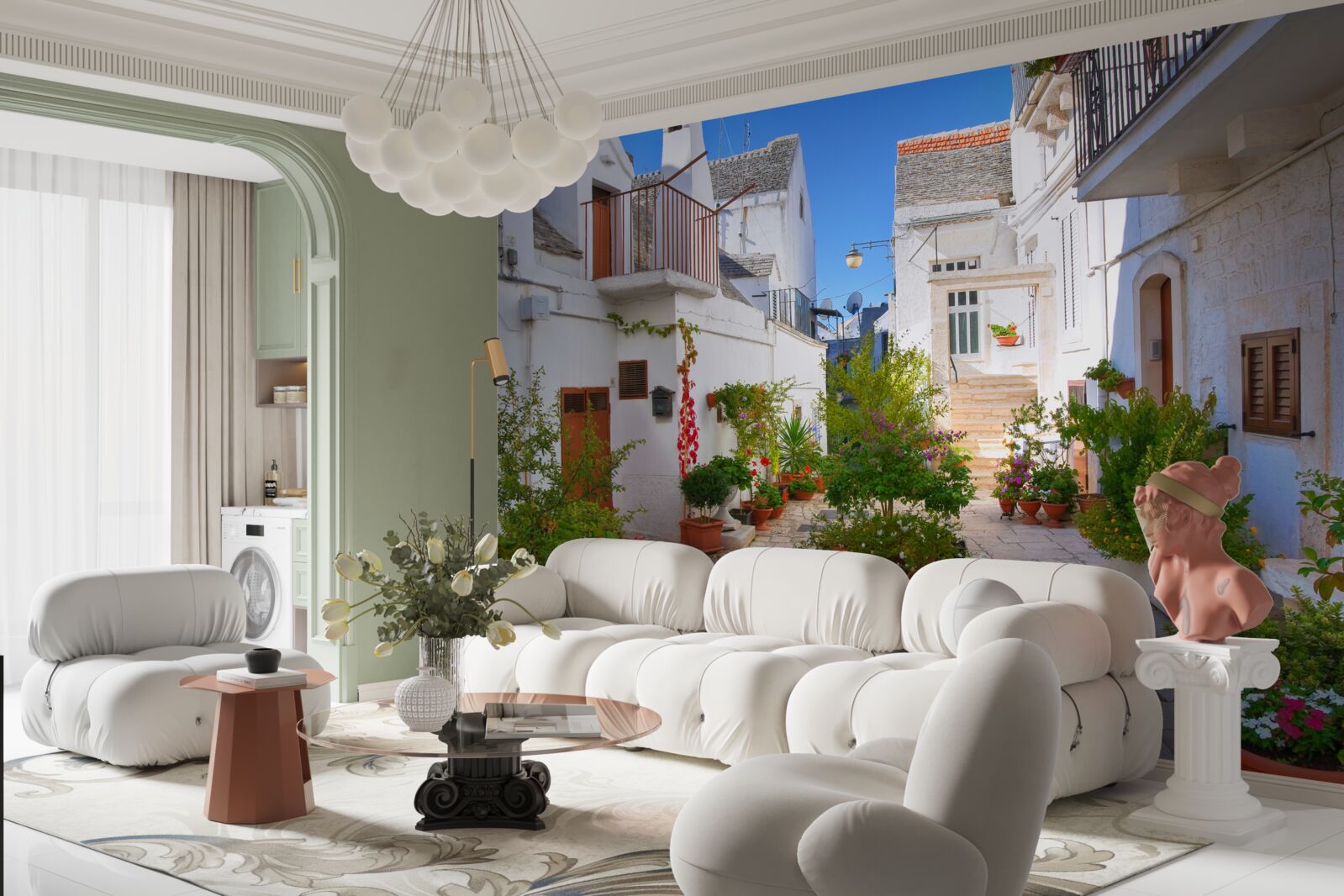 Fototapet strada santorini, cufundată în verdeață