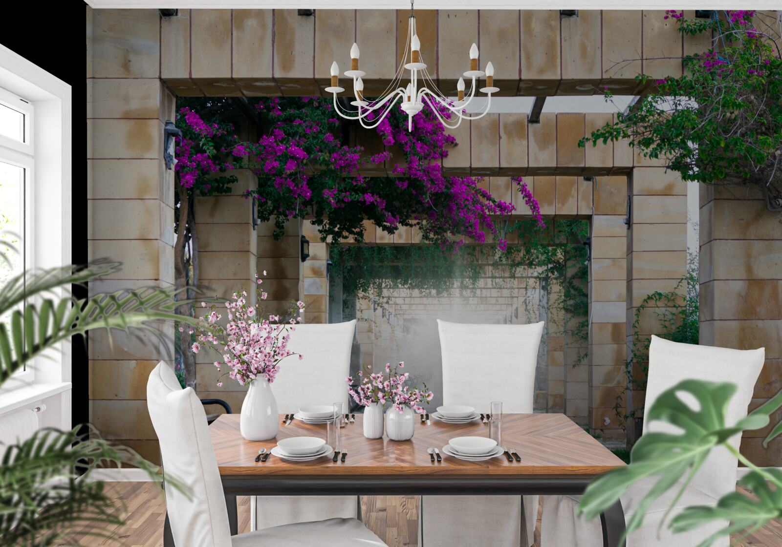 Fototapet arc dreptunghiular din piatră, decorat cu flori