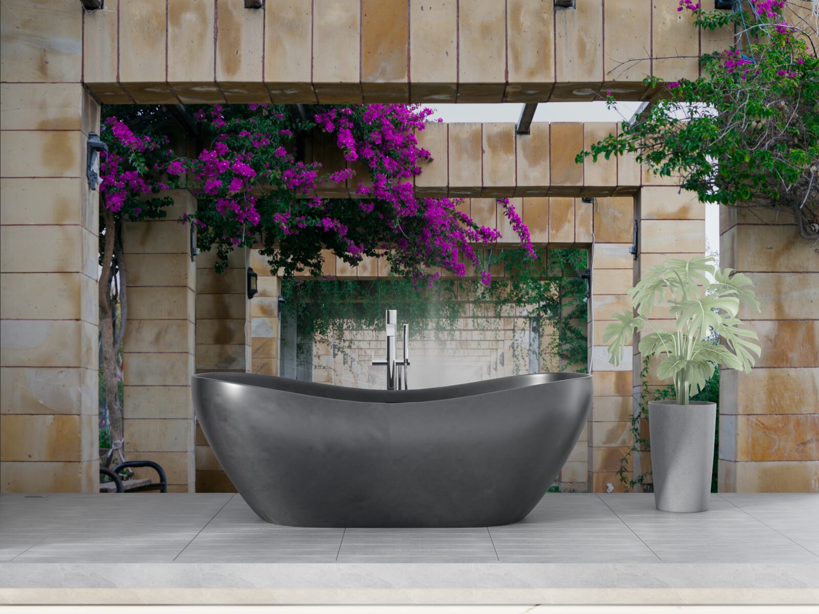 Fototapet arc dreptunghiular din piatră, decorat cu flori