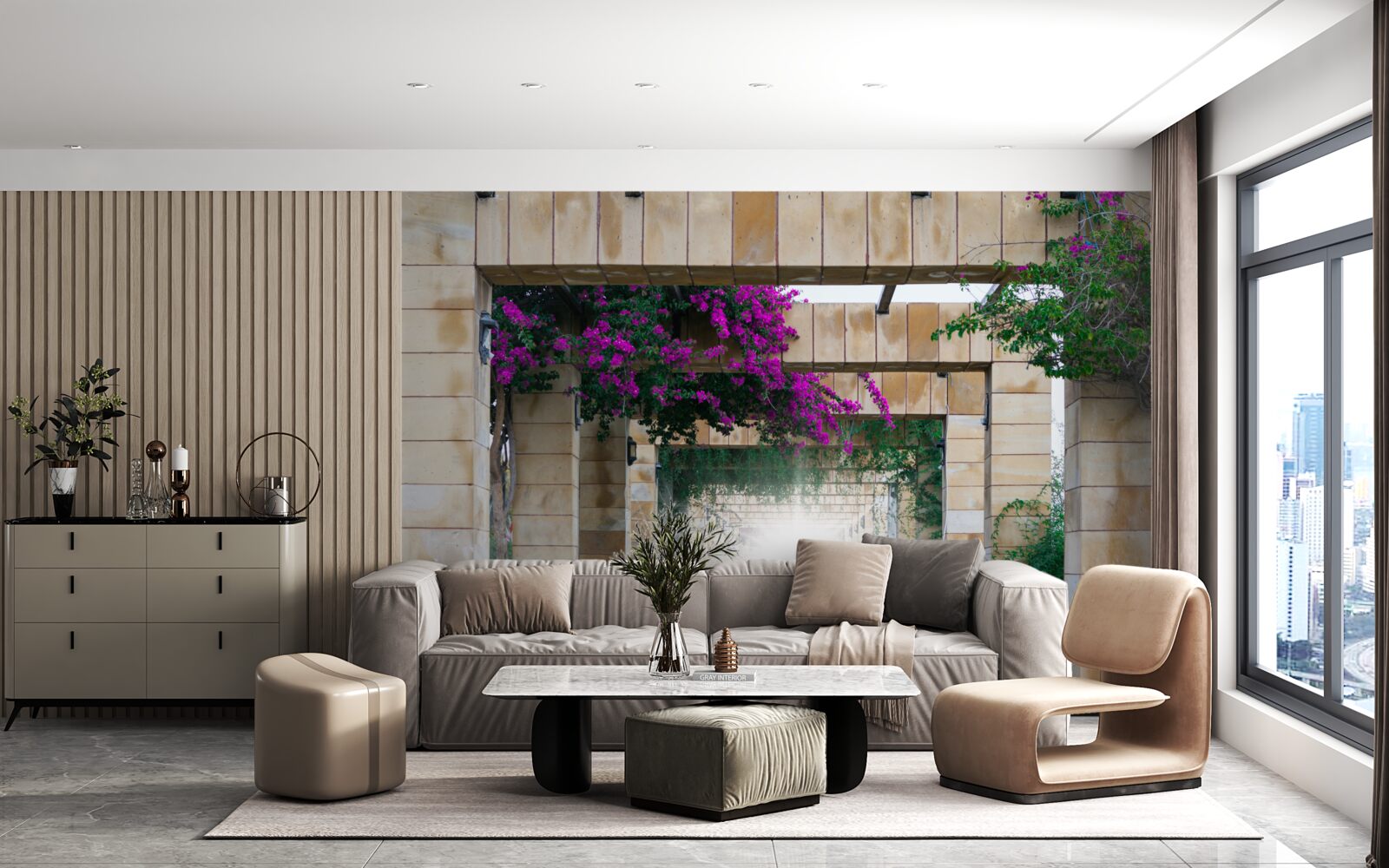 Fototapet arc dreptunghiular din piatră, decorat cu flori