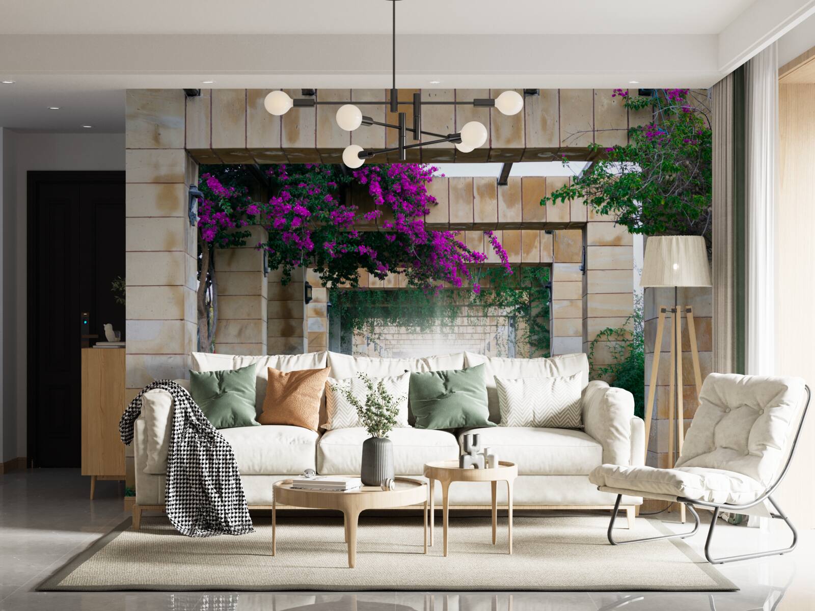 Fototapet arc dreptunghiular din piatră, decorat cu flori