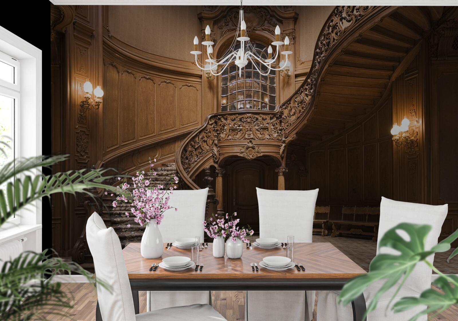 Fototapet scara de lemn din dormitor