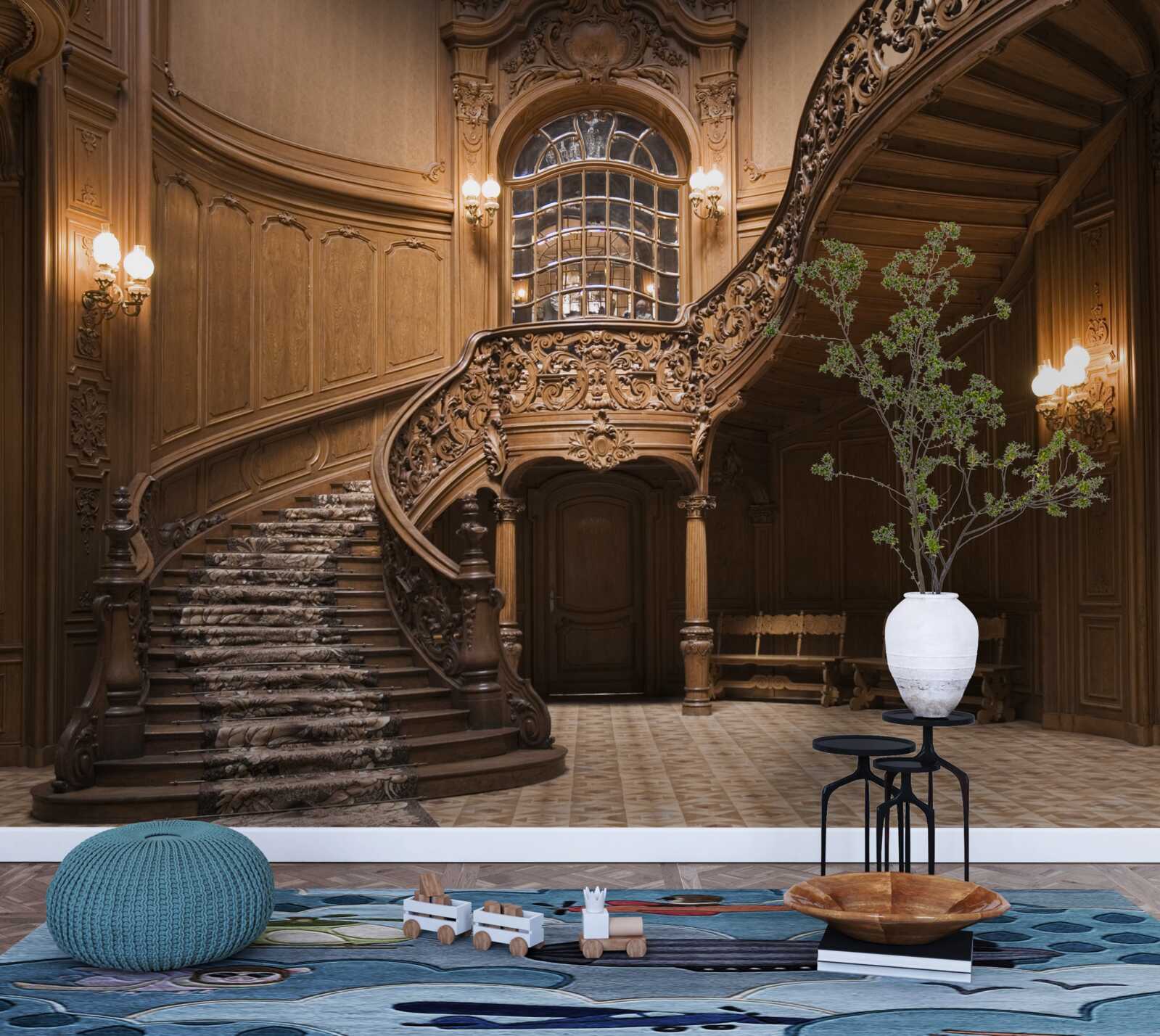 Fototapet scara de lemn din dormitor