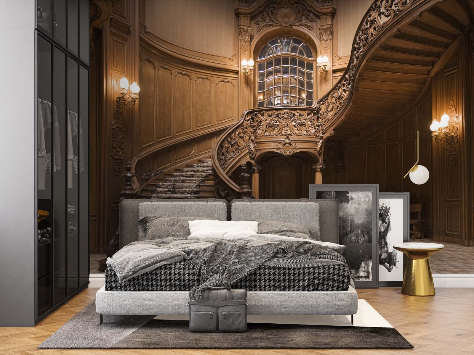 Fototapet scara de lemn din dormitor