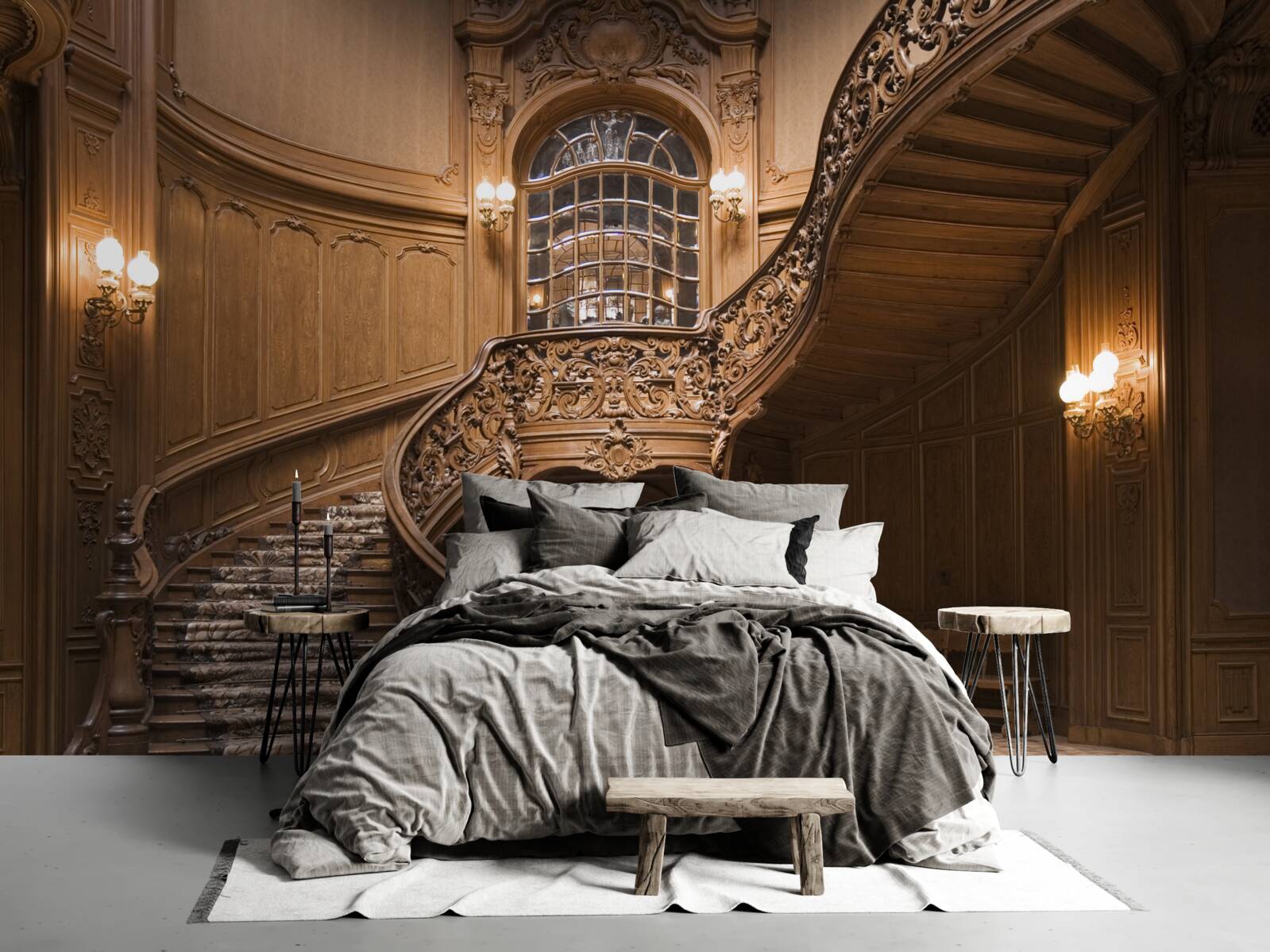 Fototapet scara de lemn din dormitor