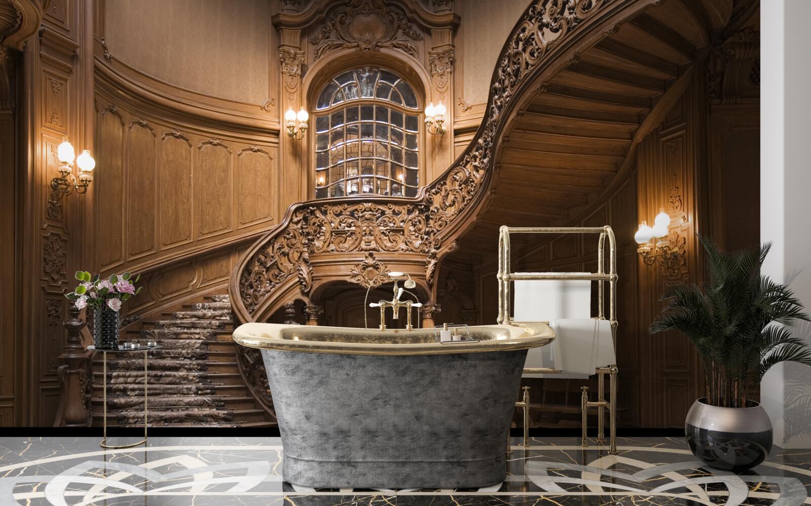 Fototapet scara de lemn din dormitor