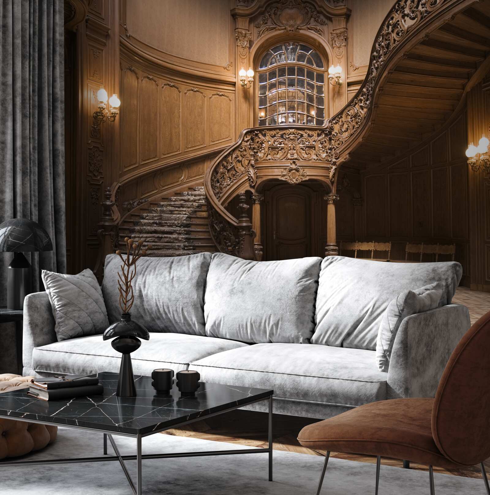 Fototapet scara de lemn din dormitor