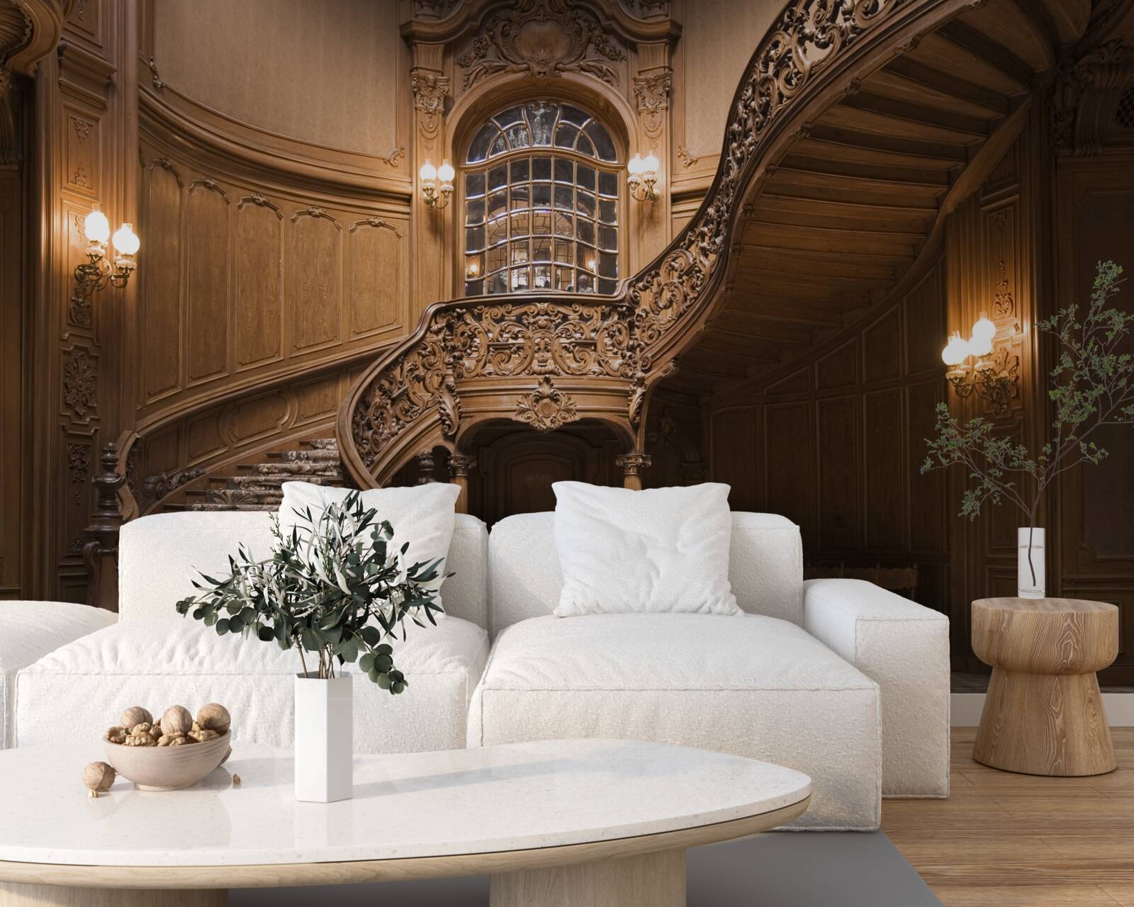 Fototapet scara de lemn din dormitor