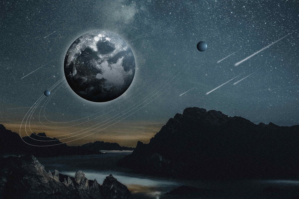 Fototapet ploaie de meteoriți și satelit terestru