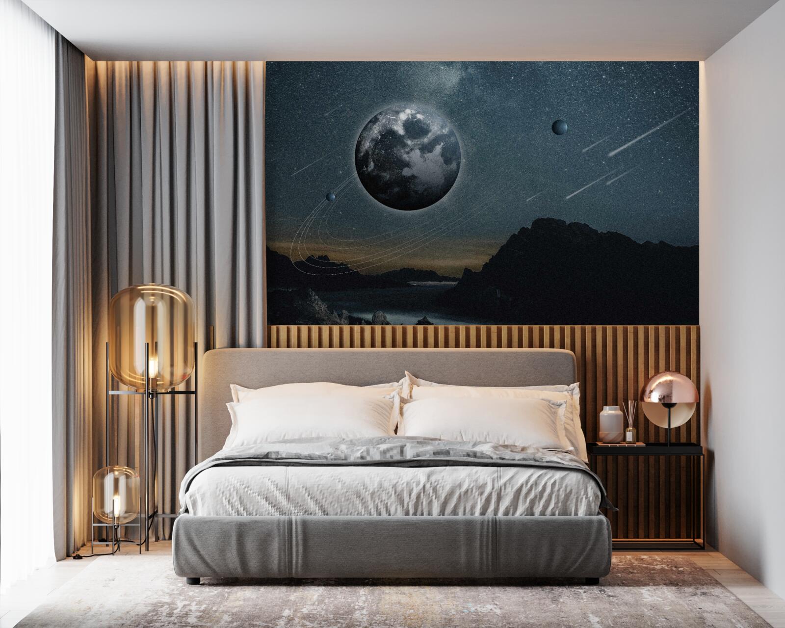 Fototapet ploaie de meteoriți și satelit terestru