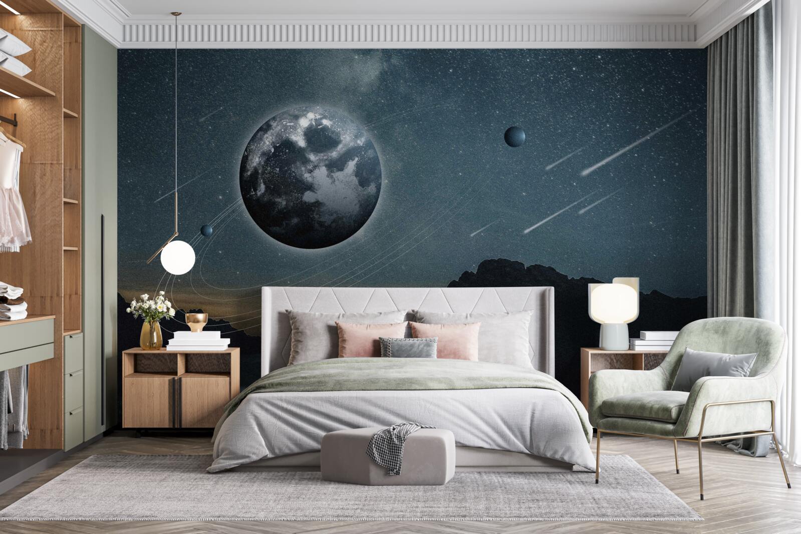 Fototapet ploaie de meteoriți și satelit terestru