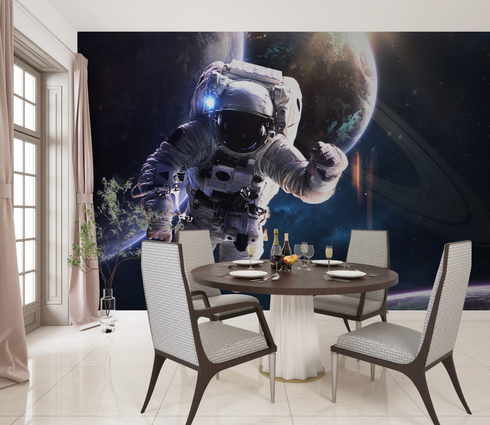 Fototapet astronaut pozând în fața lui jupiter
