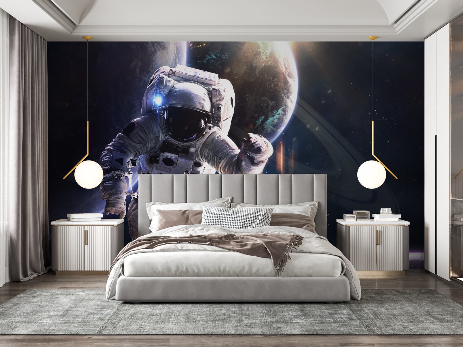 Fototapet astronaut pozând în fața lui jupiter