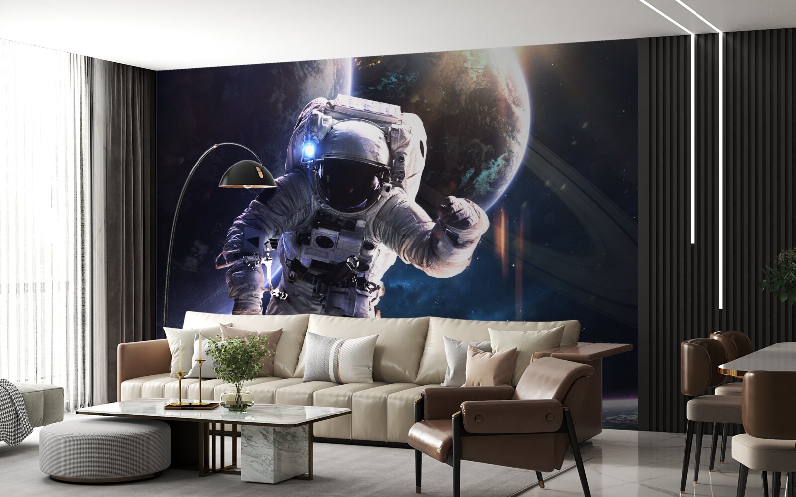 Fototapet astronaut pozând în fața lui jupiter