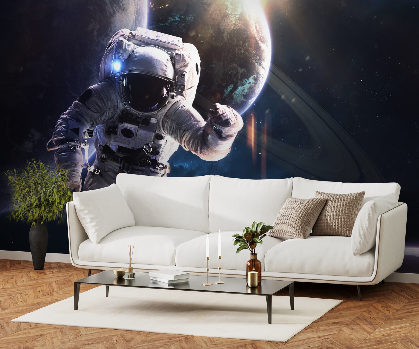 Fototapet astronaut pozând în fața lui jupiter