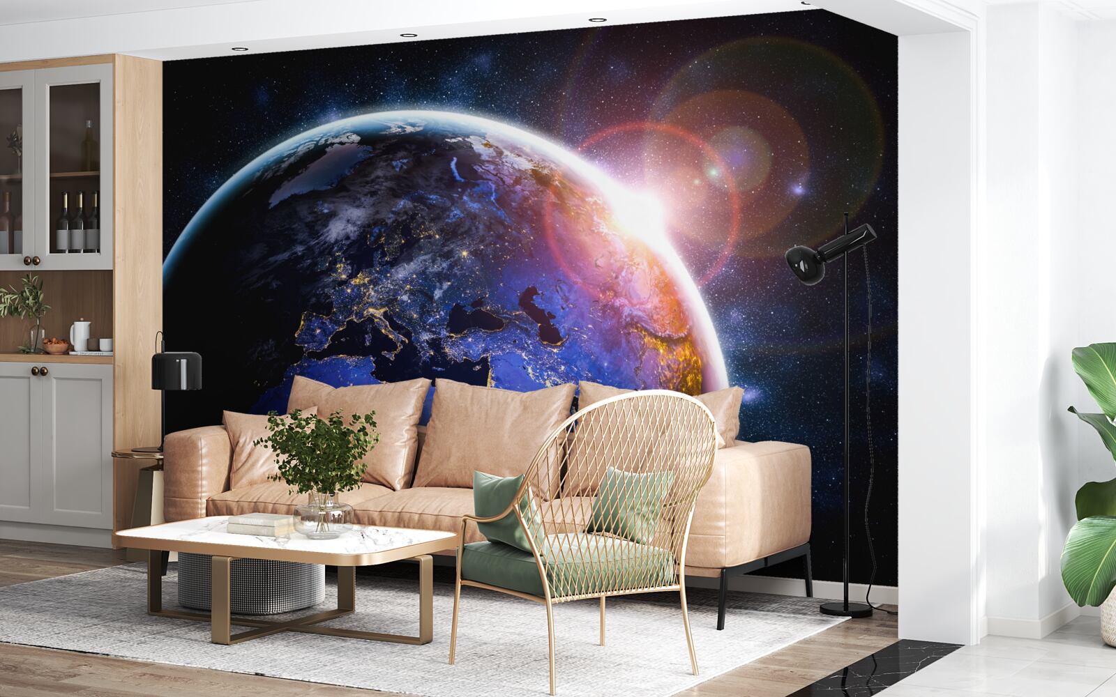 Fototapet soarele apune în lumina sa strălucitoare deasupra planetei