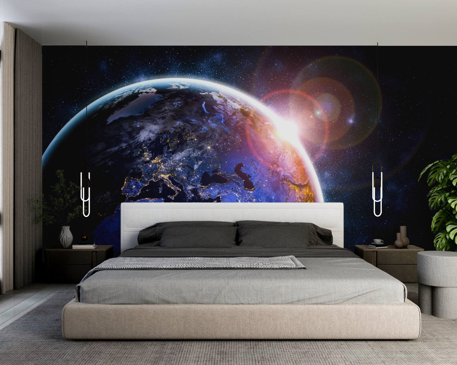 Fototapet soarele apune în lumina sa strălucitoare deasupra planetei