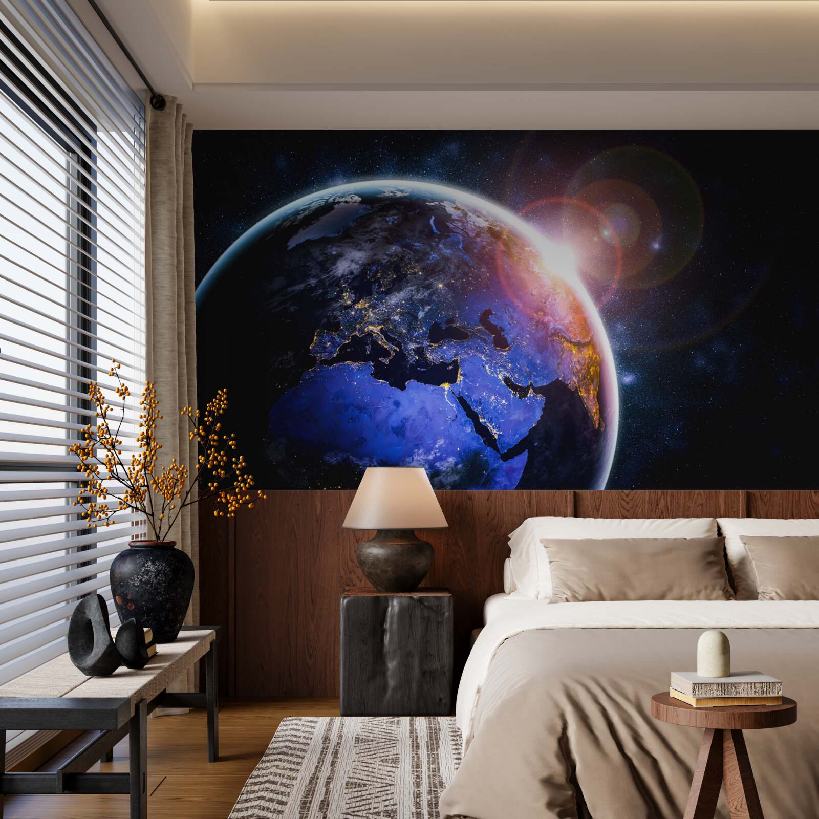 Fototapet soarele apune în lumina sa strălucitoare deasupra planetei