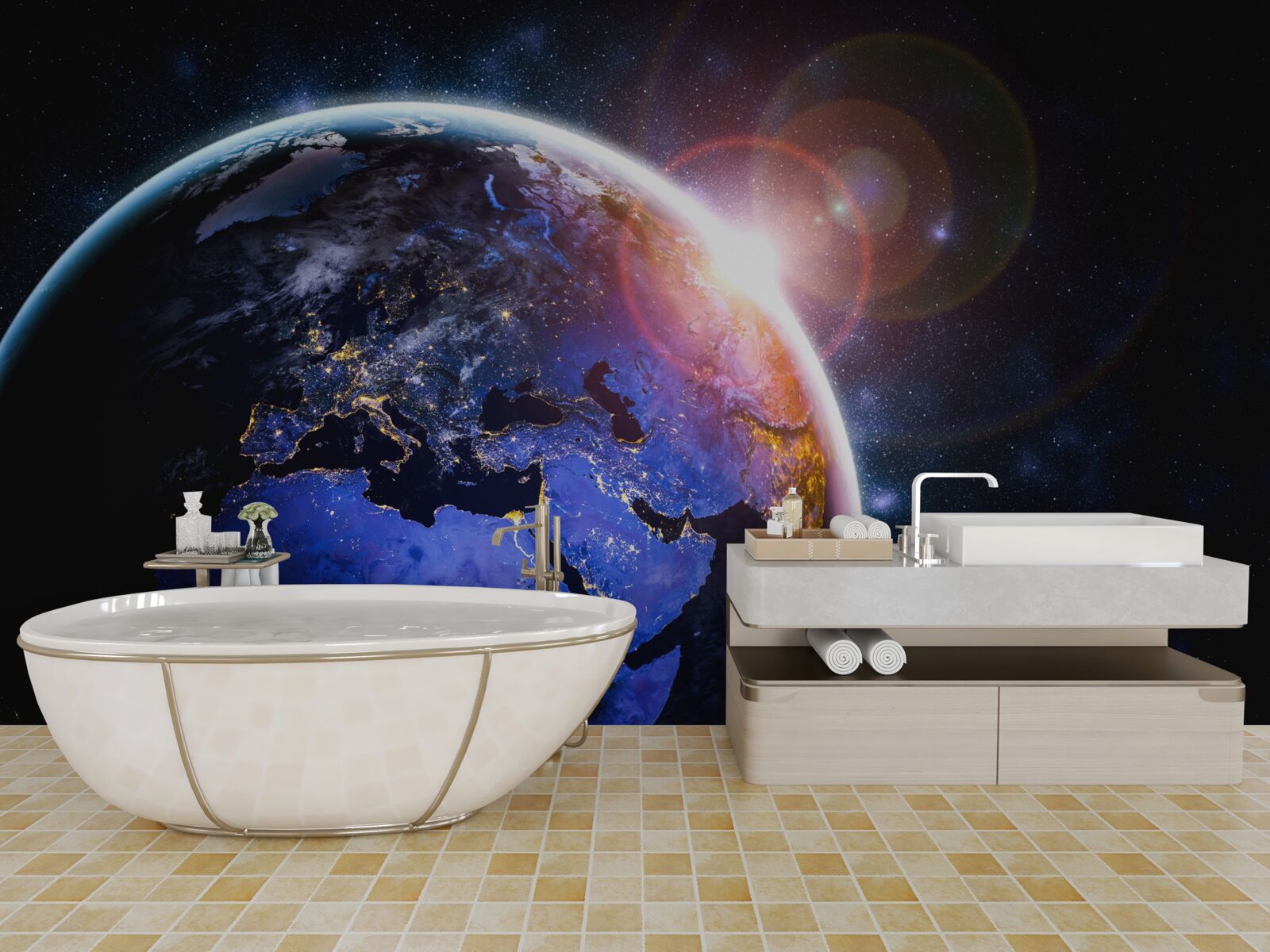 Fototapet soarele apune în lumina sa strălucitoare deasupra planetei