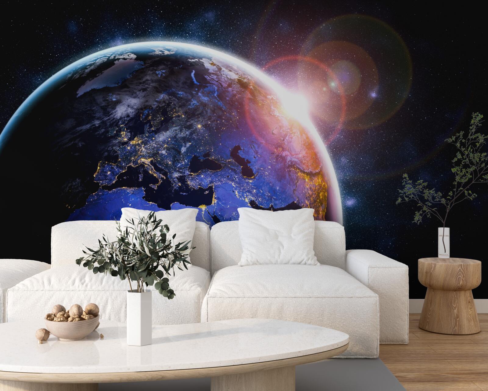 Fototapet soarele apune în lumina sa strălucitoare deasupra planetei