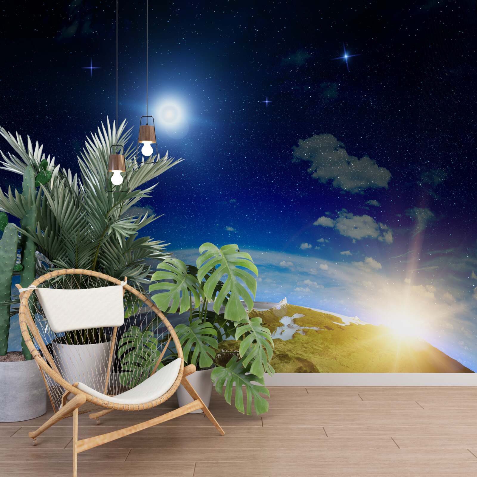 Fototapet soarele răsare deasupra planetei