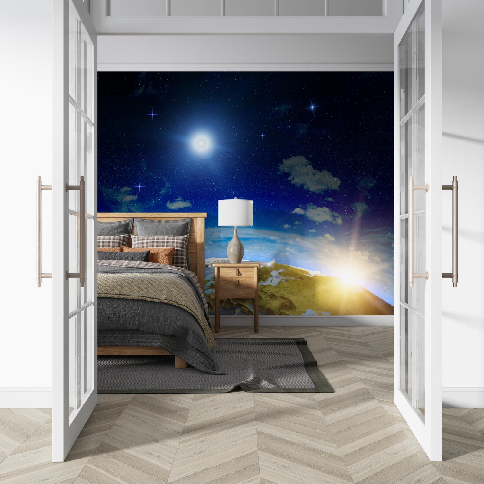 Fototapet soarele răsare deasupra planetei