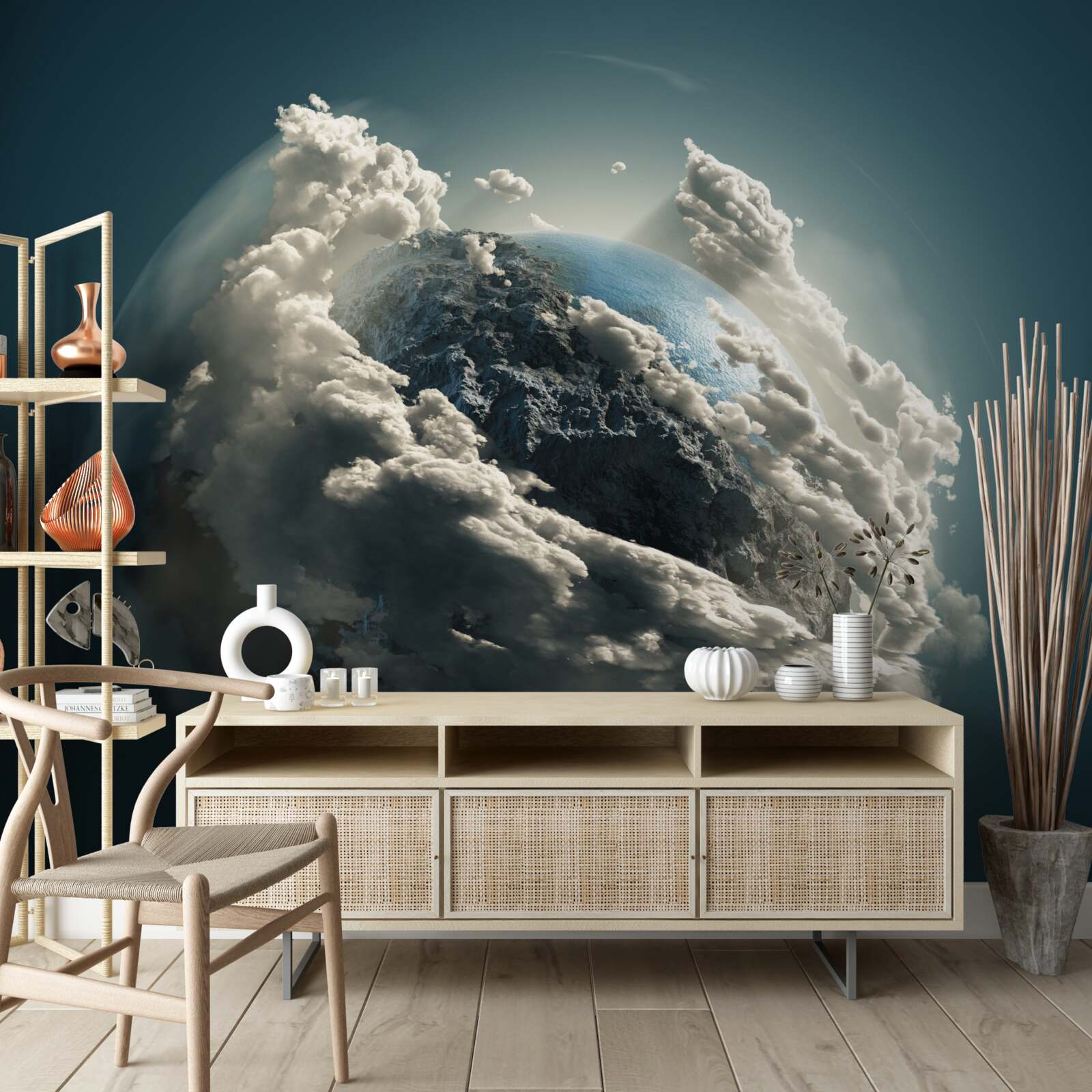 Fototapet norii densi se despart, dezvăluind o priveliște a solului