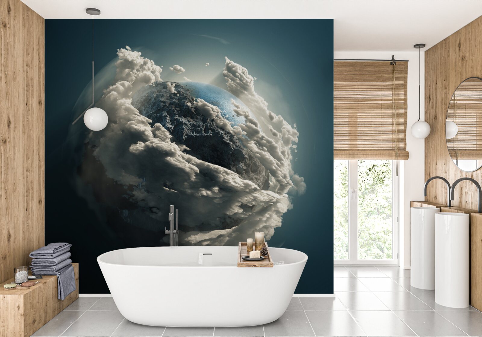 Fototapet norii densi se despart, dezvăluind o priveliște a solului