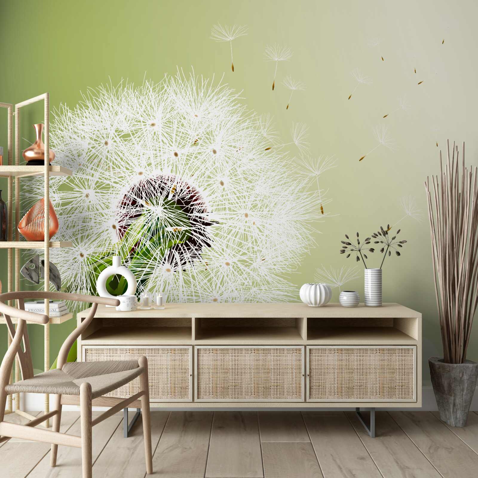 Fototapet păpădie albă care zboară în aer