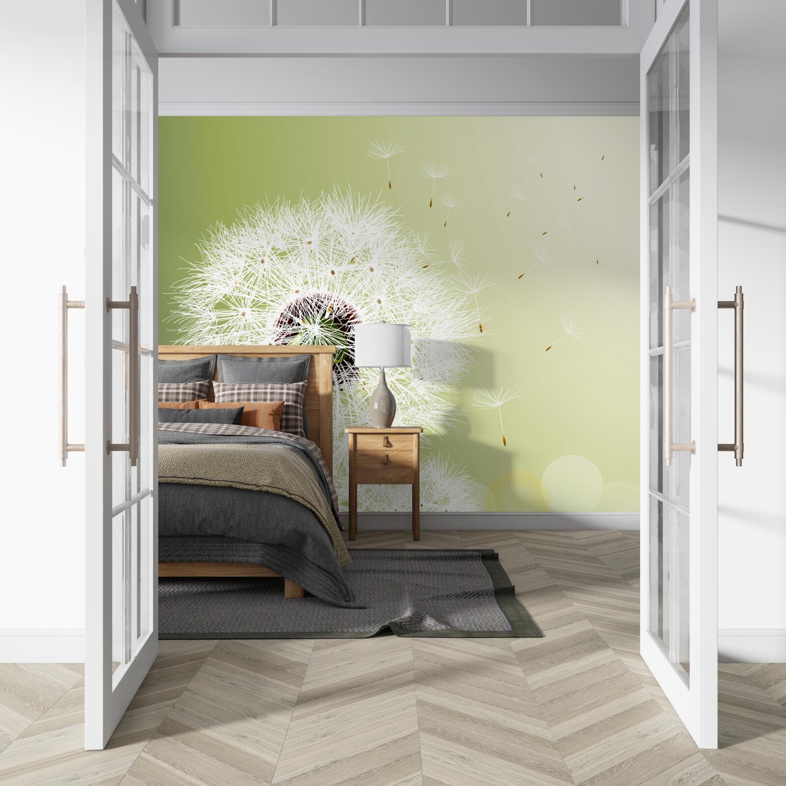 Fototapet păpădie albă care zboară în aer