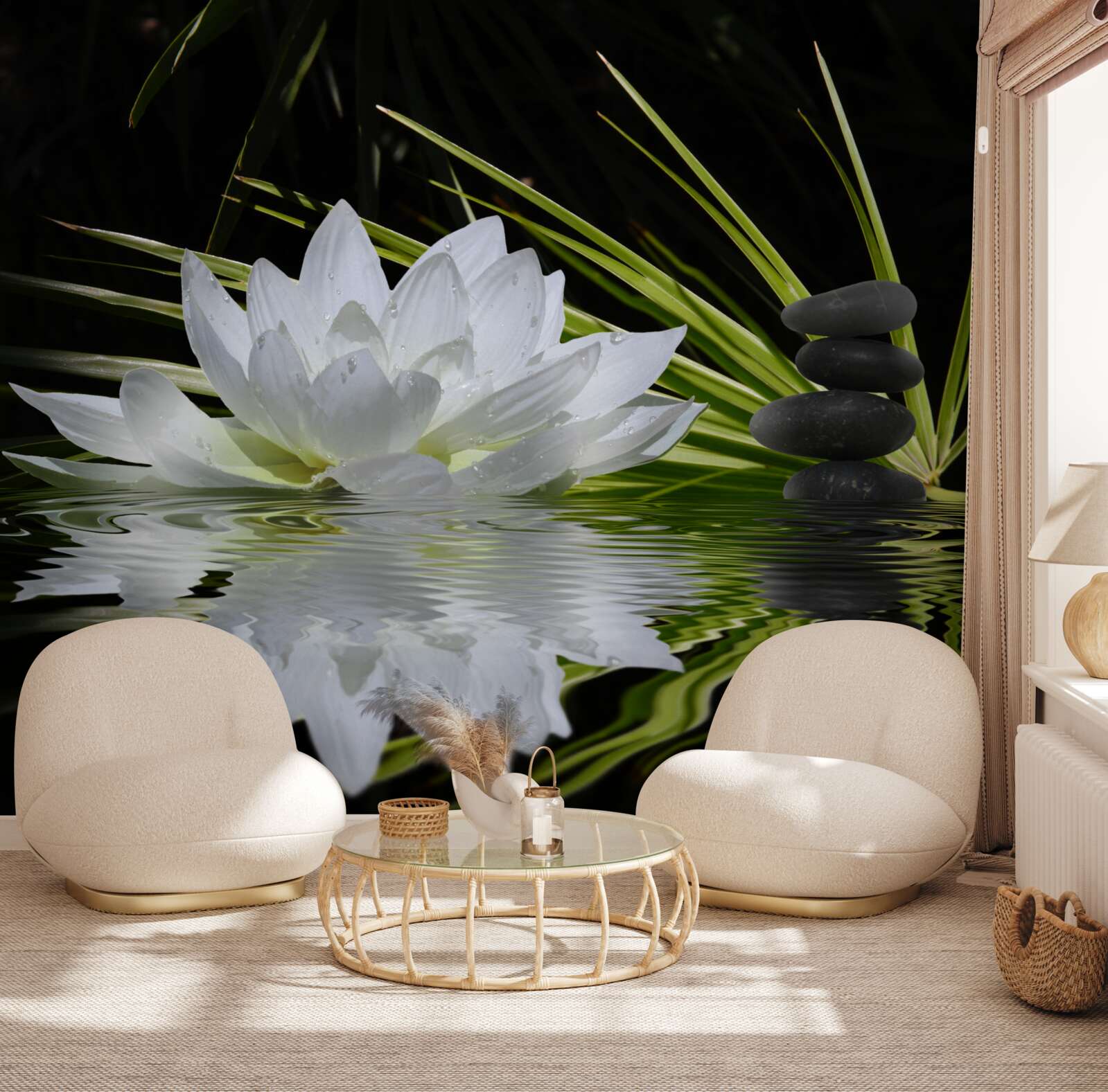 Fototapet pietre și lotuși albi