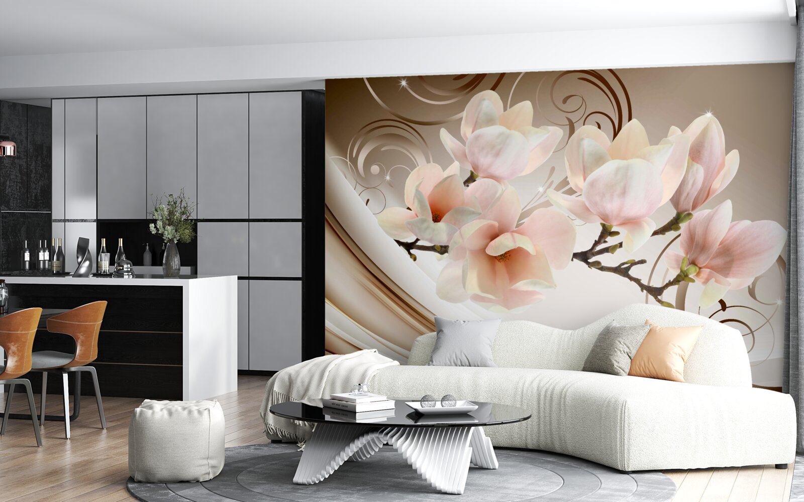 Fototapet o ramură înflorită, decorată cu flori roz delicate