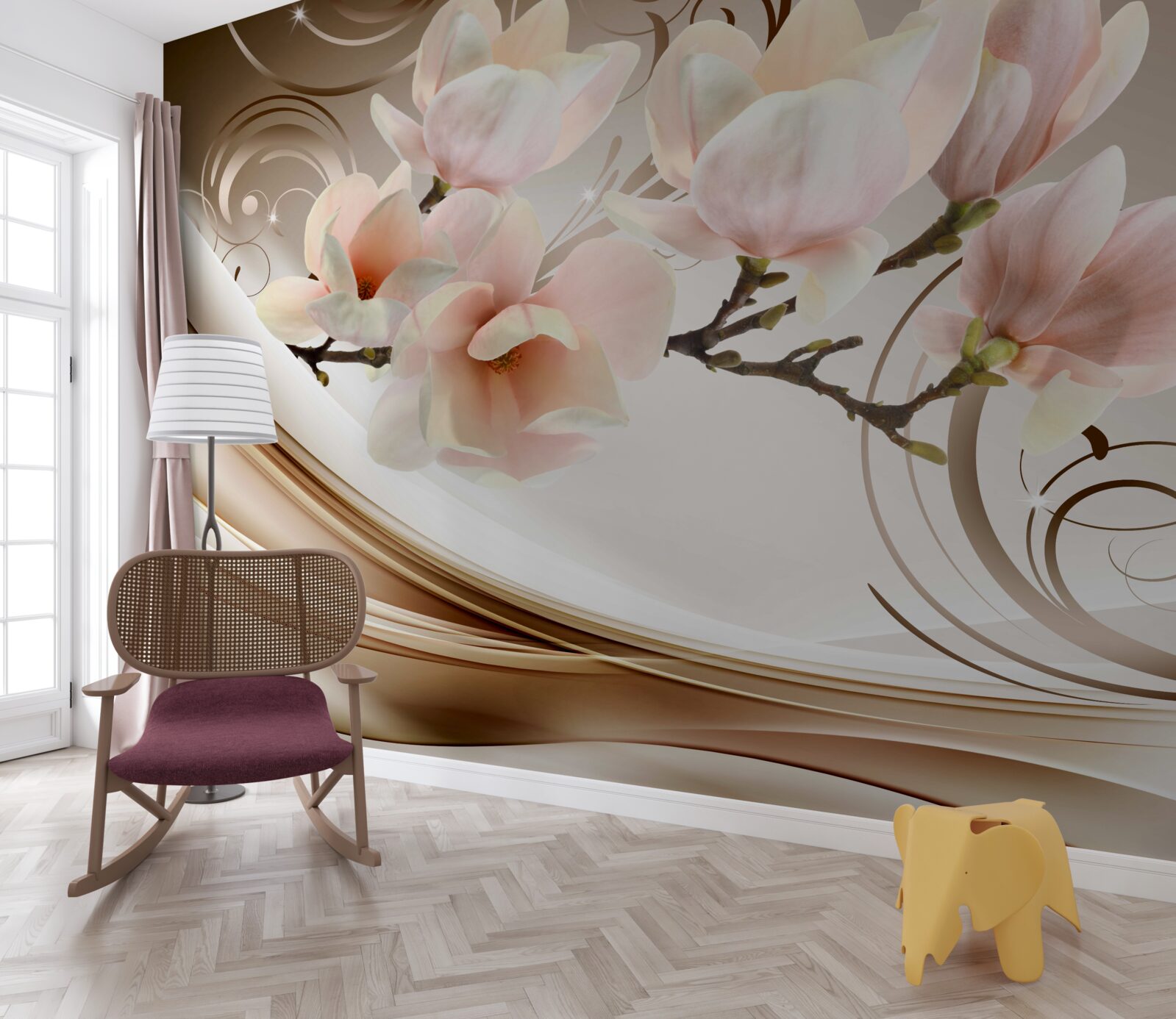 Fototapet o ramură înflorită, decorată cu flori roz delicate