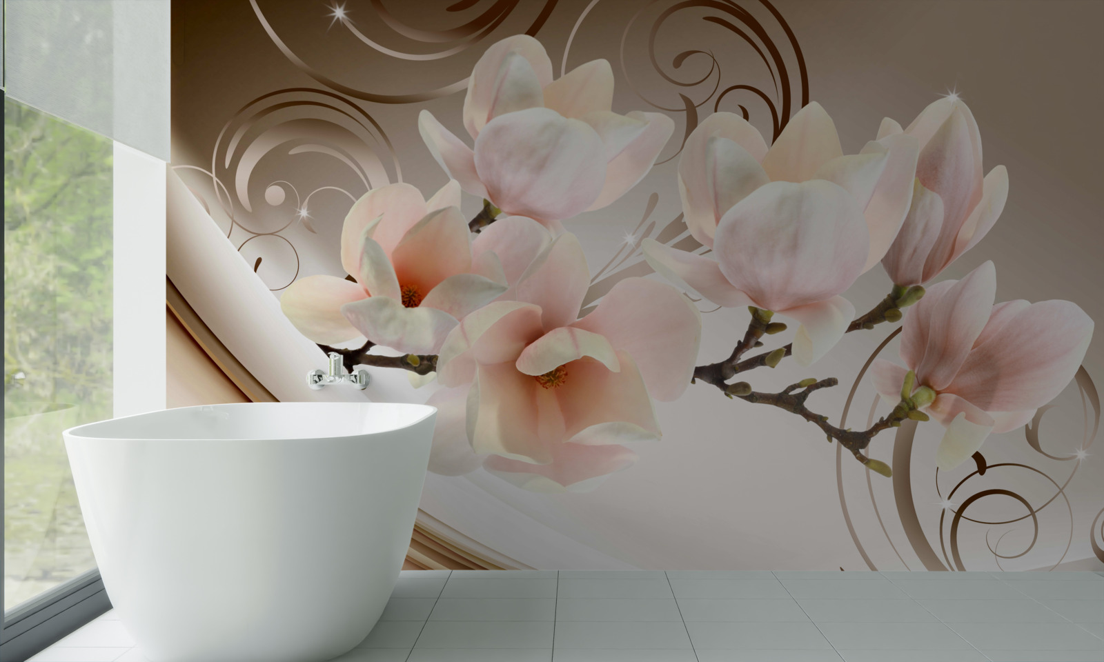 Fototapet o ramură înflorită, decorată cu flori roz delicate