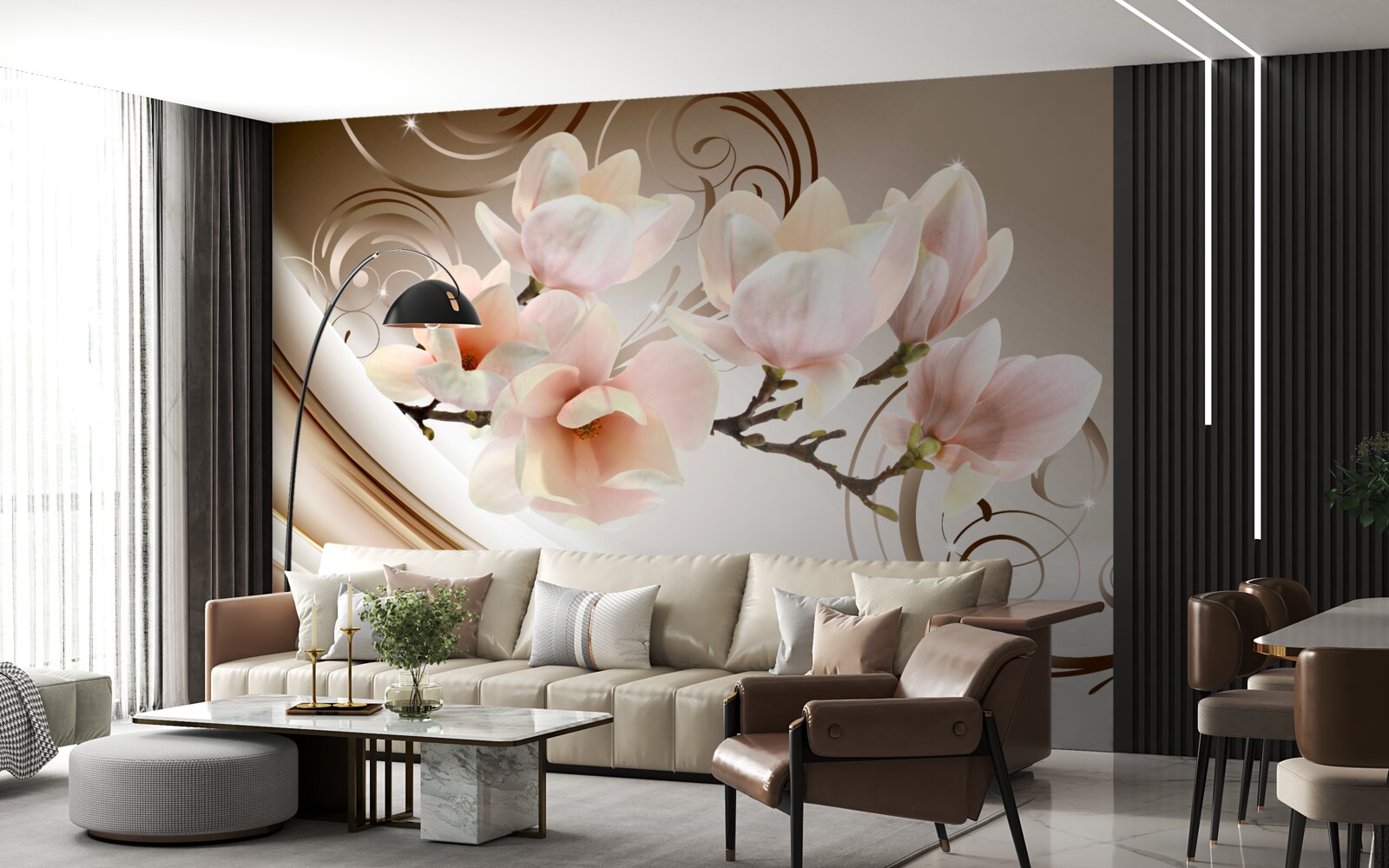 Fototapet o ramură înflorită, decorată cu flori roz delicate