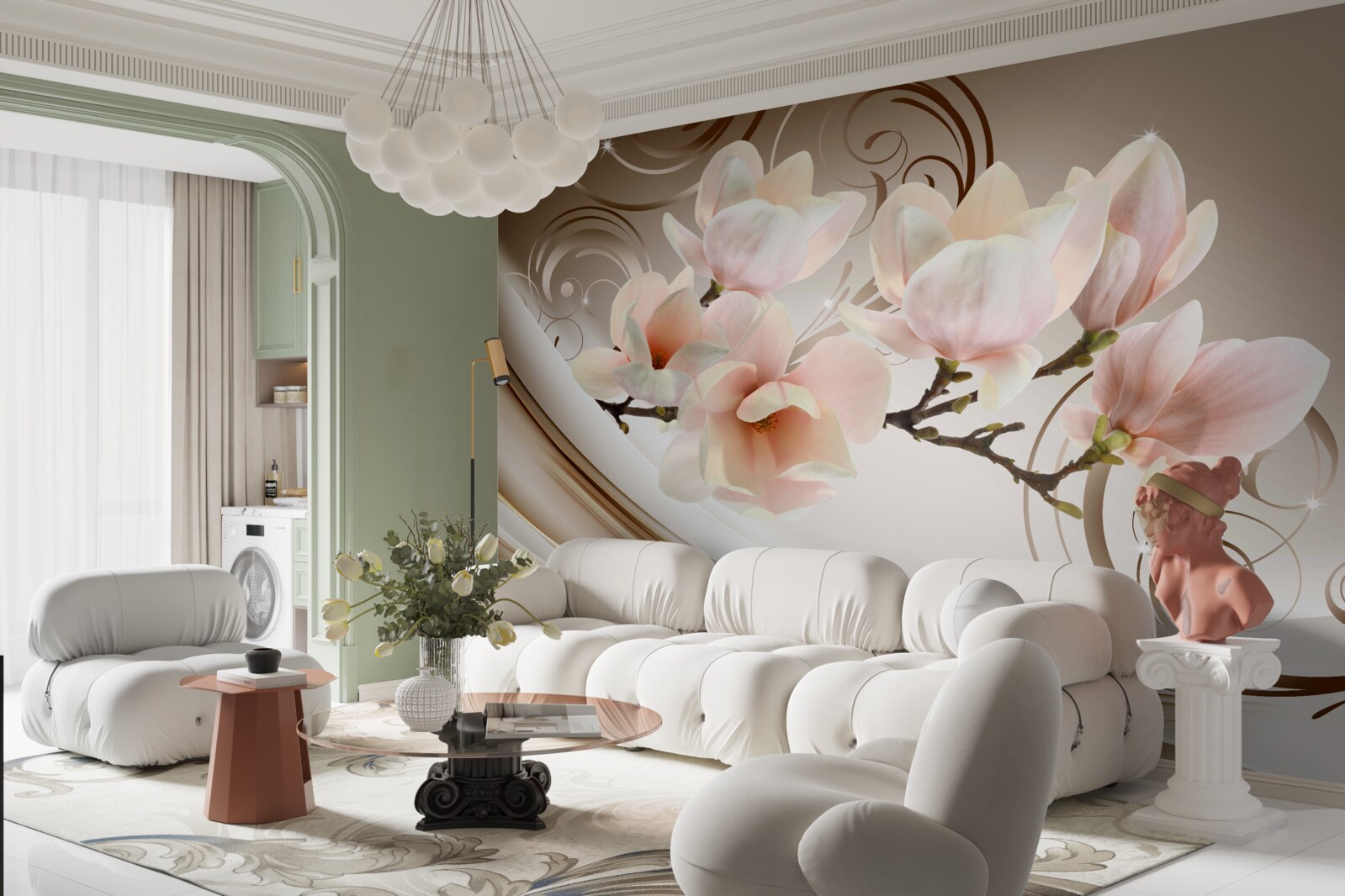 Fototapet o ramură înflorită, decorată cu flori roz delicate