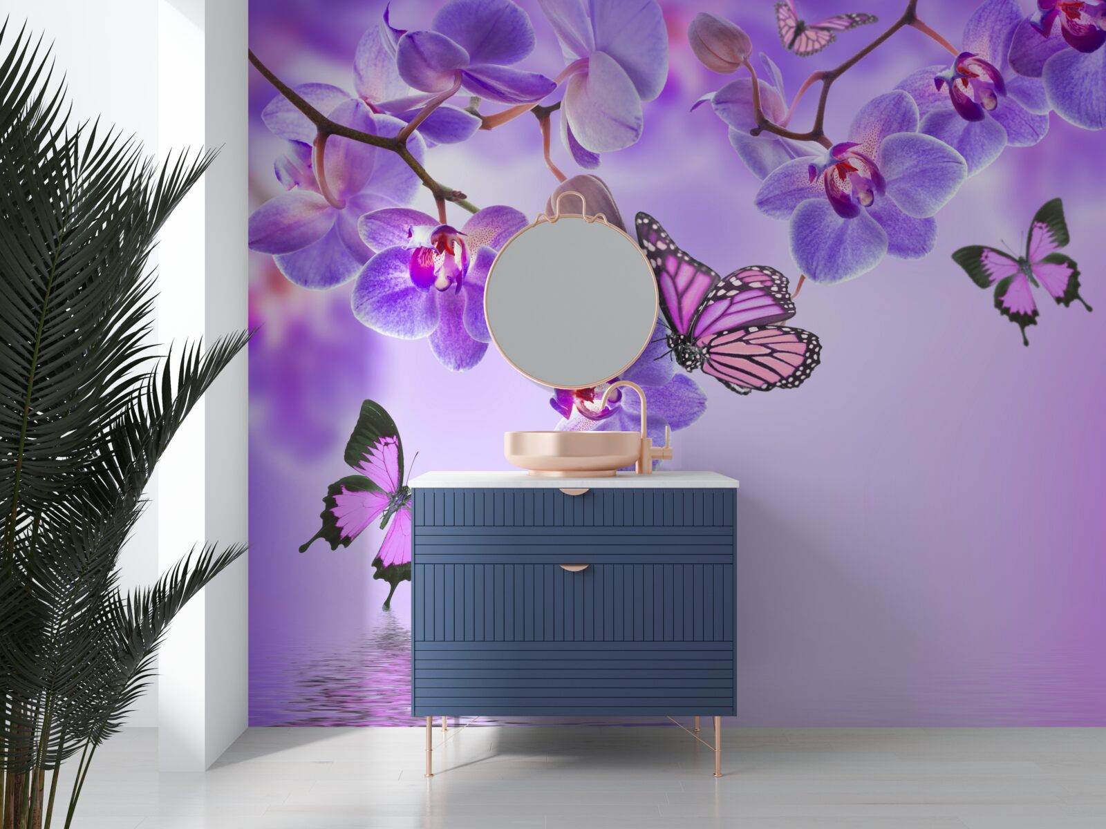 Fototapet fluturi și orhidee mov