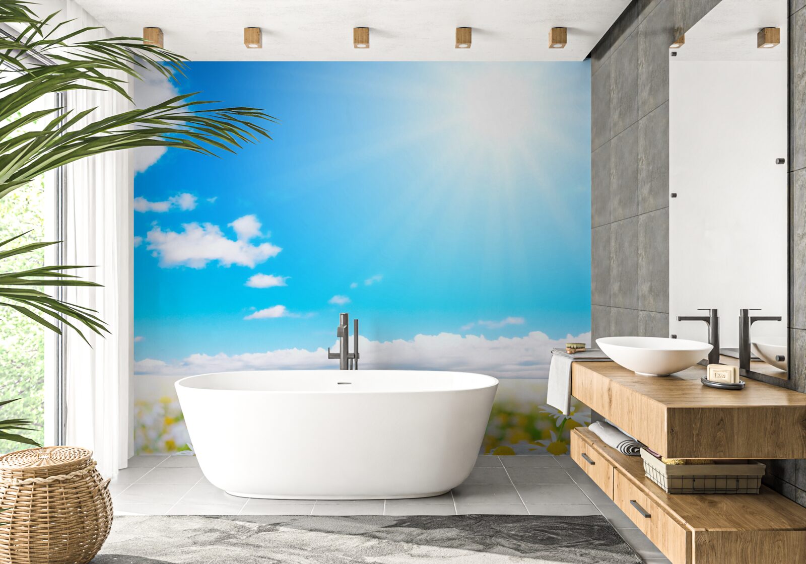 Fototapet Lumina soarelui iluminează un câmp de margarete abundente