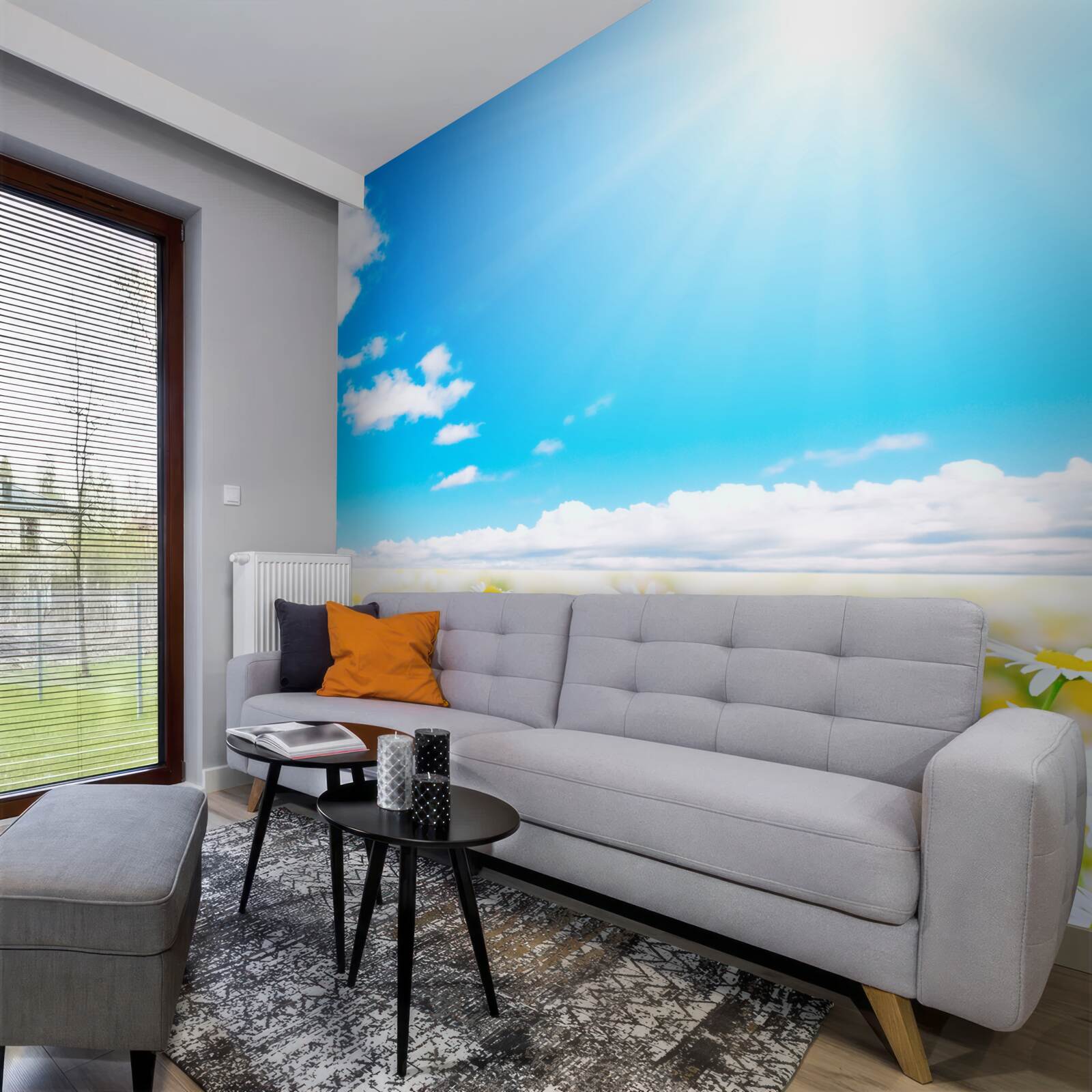 Fototapet Lumina soarelui iluminează un câmp de margarete abundente