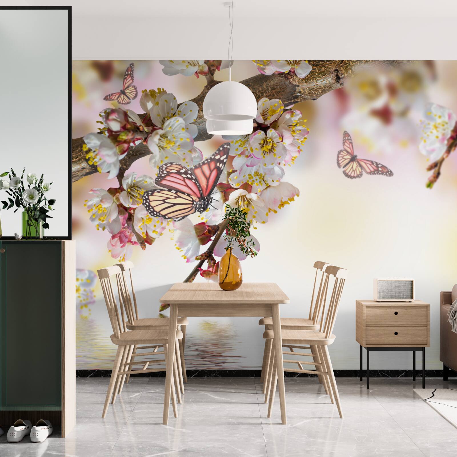 Fototapet florile sakura au devenit casă pentru fluturi