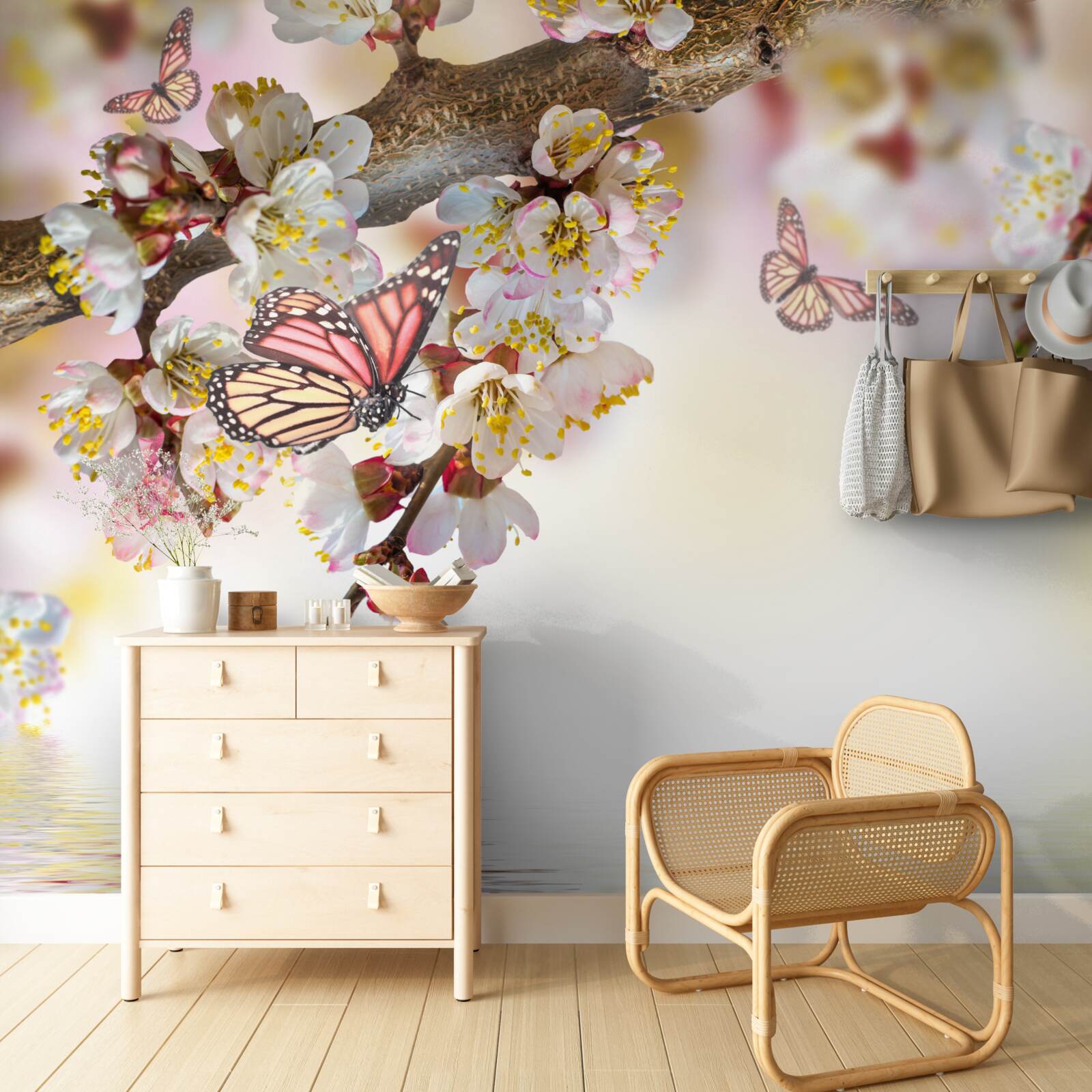 Fototapet florile sakura au devenit casă pentru fluturi