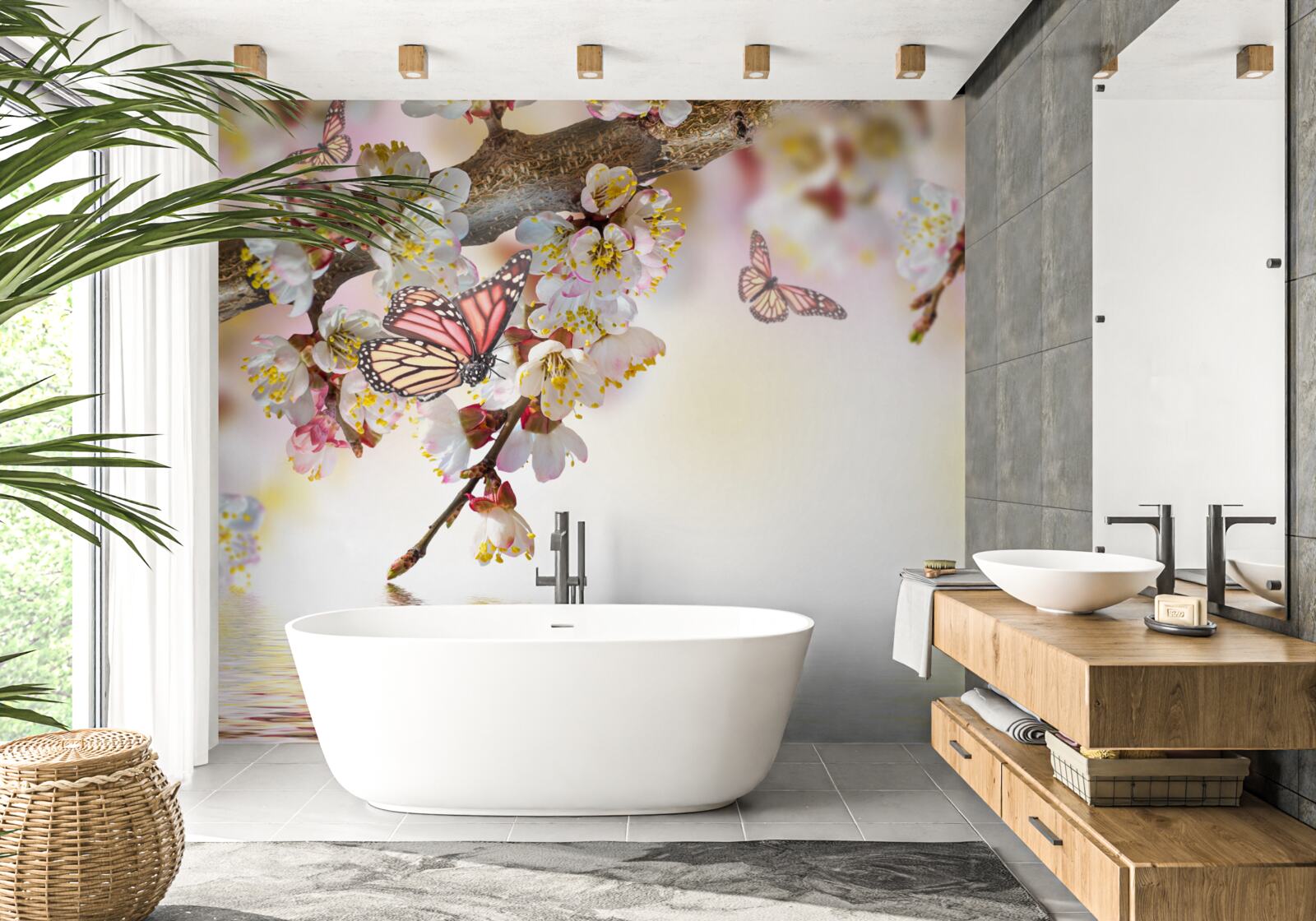 Fototapet florile sakura au devenit casă pentru fluturi