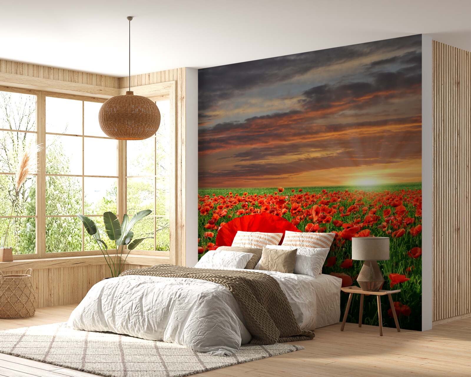 Fototapet apus de soare pe un câmp de maci cărămiziu