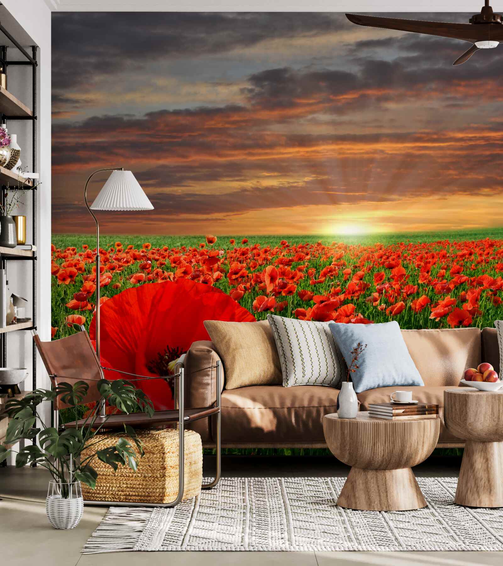 Fototapet apus de soare pe un câmp de maci cărămiziu