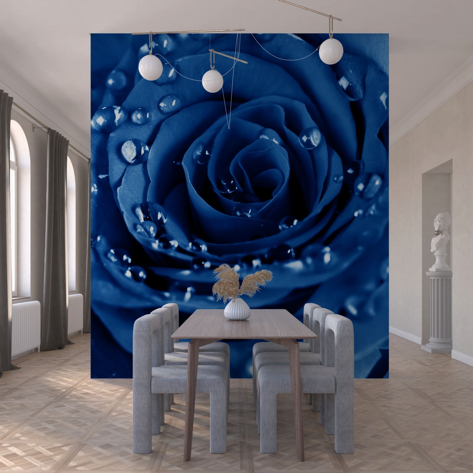 Fototapet trandafir albastru decorat cu picături de apă