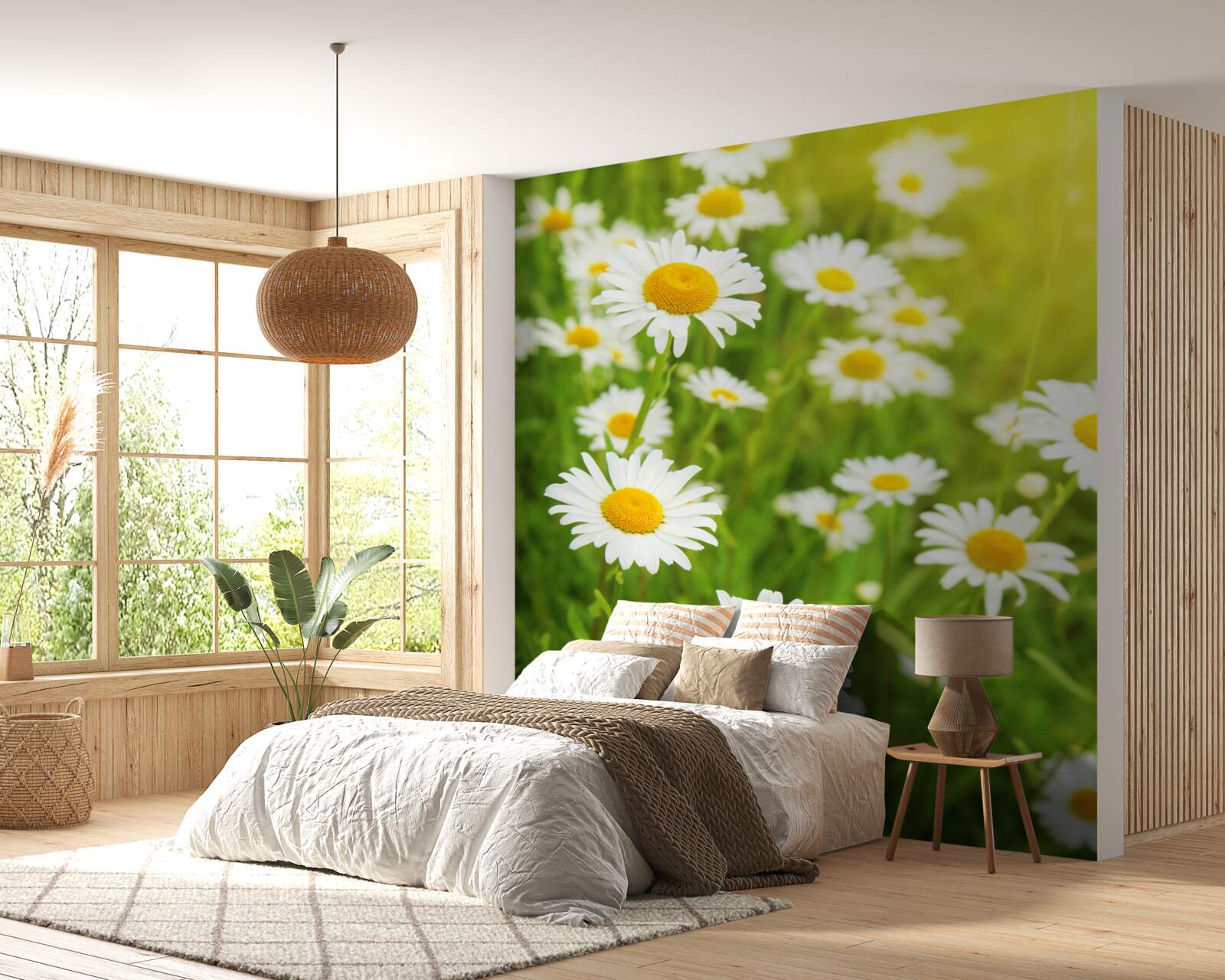 Fototapet un câmp de margarete albe ca zăpada în verdeață