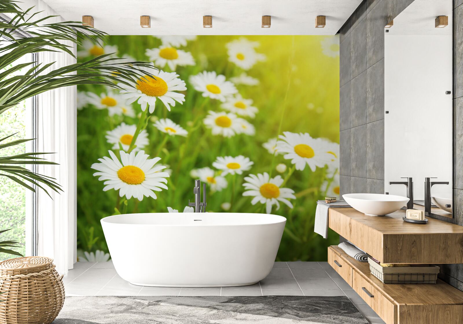 Fototapet un câmp de margarete albe ca zăpada în verdeață