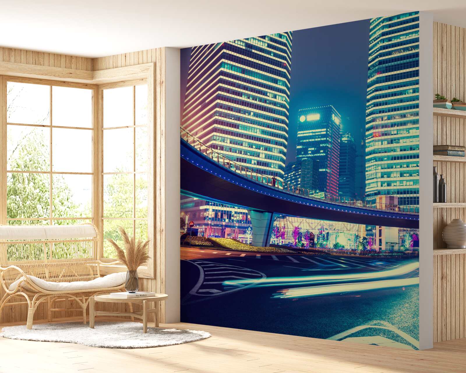 Fototapet oraș de noapte cu zgârie-nori și un pod